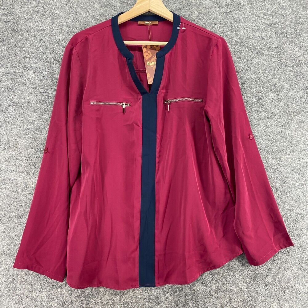 New Gaharu Blouse Women L Large Red V-Neck Long Sleeve Zipper Pullover Casual